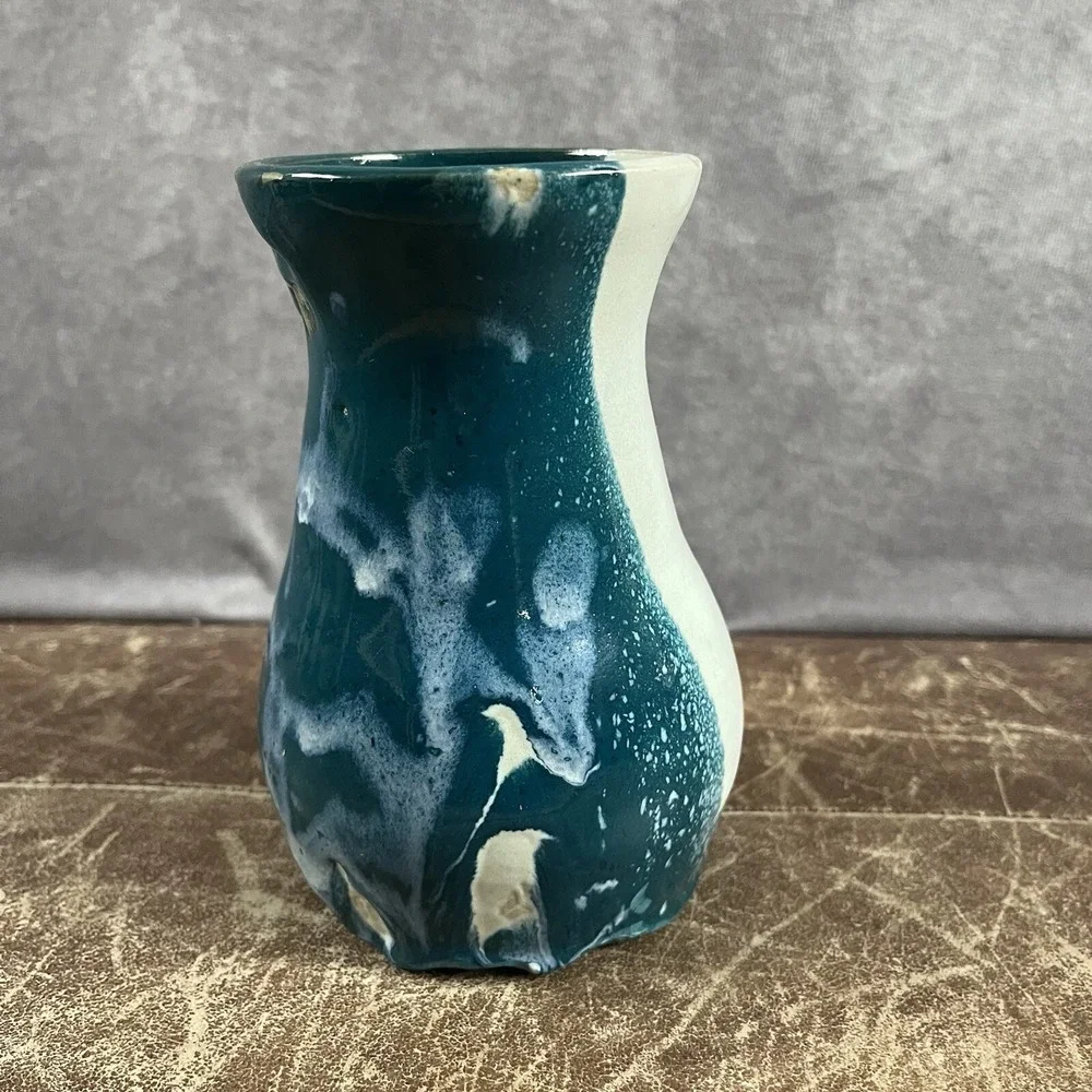 AMD Artisan Pottery Vase Small Teal Blue White Drip Glaze Coastal Decor Coastal